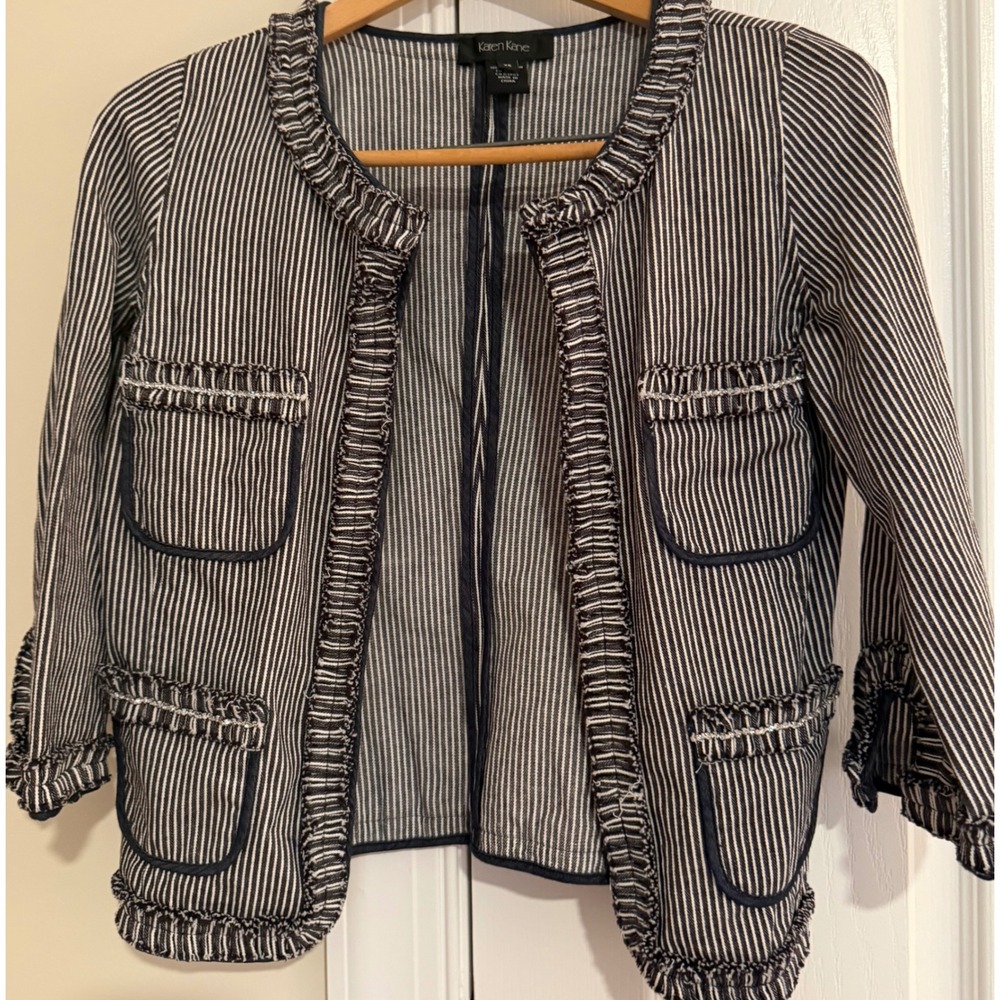 Karen Kane Striped Ruffle Trim Rhinestone Accent Open Front Jacket Navy White XS